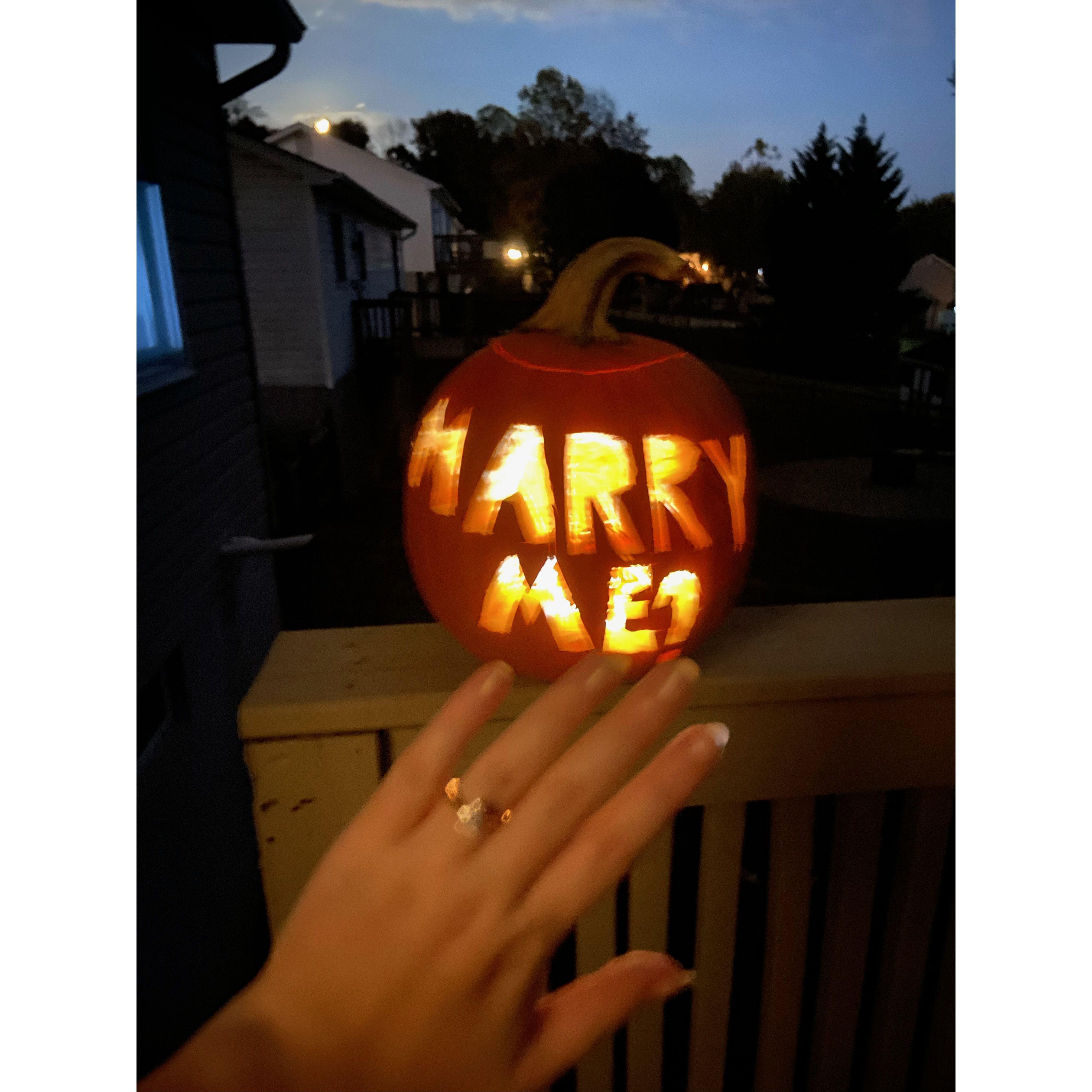 Sean proposed on October 28th, 2023 by carving "Marry Me?" in a pumpkin!