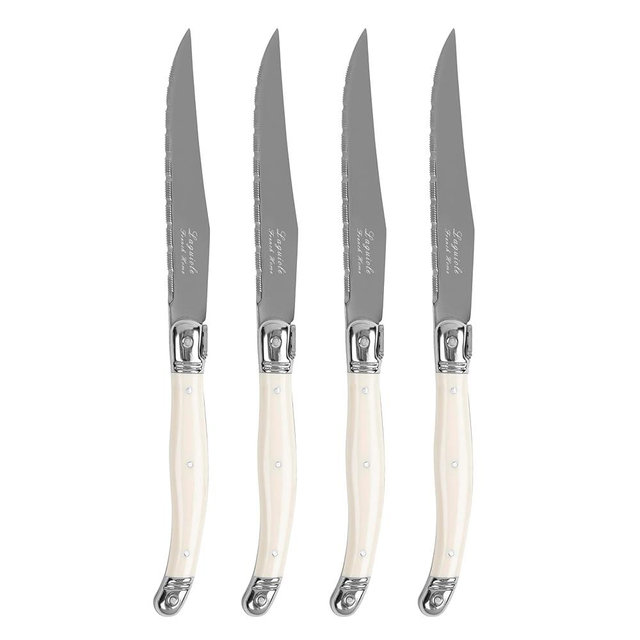 French Home Laguiole Connoisseur 4-Piece Steak Knife Set – Stainless Steel with Ivory-Colored Handles, Etched Detailing & Napoleon Bee Emblem – Serrated Knives for Smooth Cutting (9.25")