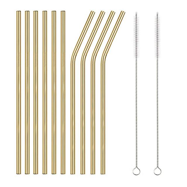 TDGOM 5 Color 12-Pack Stainless Steel Metal Straws Reusable with 2 Cleaning Brushes - Curved Drinking Straws for 20oz Tumblers Dishwasher Safe (Gold)