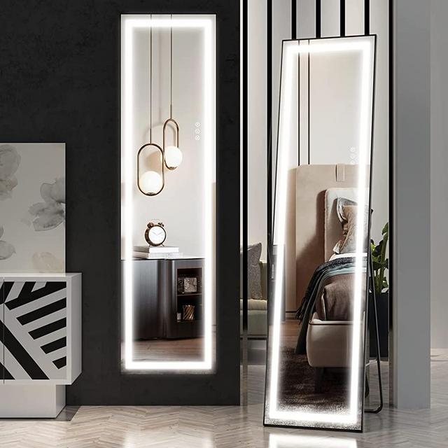 Full Length Mirror Lighted 63"x16", LED Free Standing Floor Mirror, Wall Mounted Hanging Mirror with Lights, Makeup Vanity Mirror, Bedroom Full Size Body Mirror with Dimming & 3 Color Modes