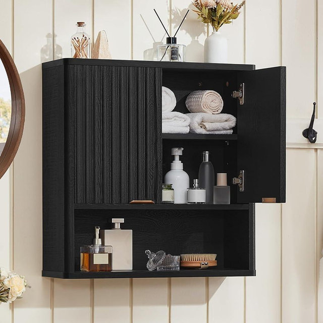 LEYAOYAO Fluted Bathroom Wall Cabinet, Wall-Mounted Medicine Cabinet with Adjustable Shelf & Doors, Farmhouse Floating Over the Toilet Storage Cabinets for Laundry Room, Kitchen, Living Room (Black)