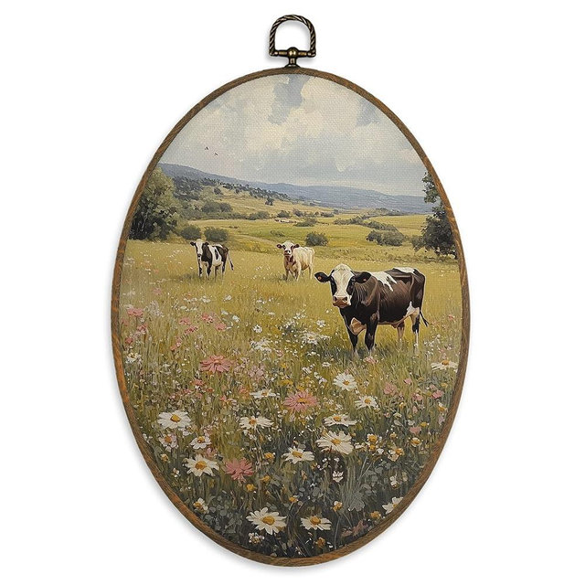 XBBMGG Rustic Cow Wildflower Wall Art Decor, French Cows Landscape Oval Wall Hanging Decor, Vintage Farmhouse Spring Framed Canvas Prints for Home Kitchen Bathroom Decorations, 8.6 x 11.4 inch