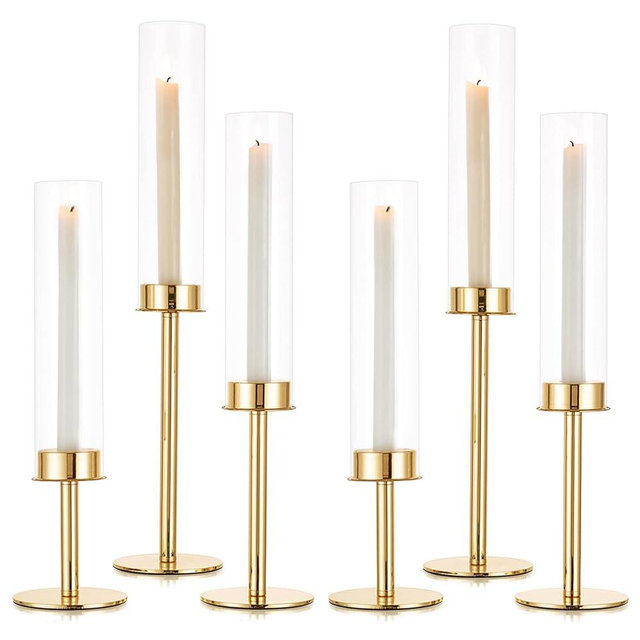 Sziqiqi Gold Taper Candle Holder: 6 Pcs Tall Candleholders - Hurricane Candle Sticks Holder for Wedding Christmas Party Table Centerpiece