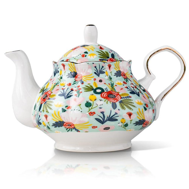 LEAZUL 33.8 oz Porcelain Tea Pot Luxury Gold Trim Floral Ceramic Teapot Waterpot Tea Maker for Blooming Loose Leaf Tea Coffee Milk Chrismas Women Gift Housewarming Home Kitchen Décor (Mint)