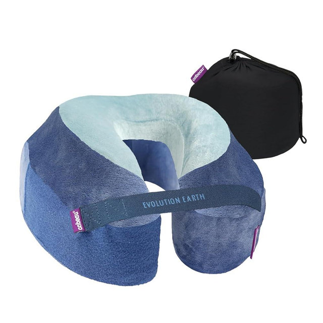 Cabeau Best Neck Pillow for Travel – Evolution Earth Deluxe – 360° Head, Neck and Chin Support for Sleeping – Sustainable Memory Foam - Removable, Washable Cover with Compact Carrying Case (Water)