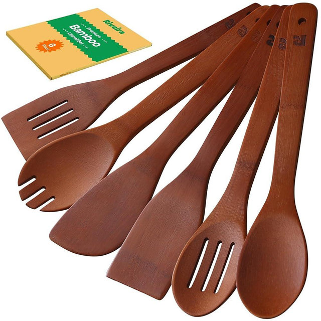 Riveira Premium Brown Bamboo Wooden Spoons for Cooking Set of 6 – Premium Brown Bamboo Wooden Cooking Utensils, Wooden Spatula, Wooden Spoon - Premium Quality Wooden Utensil Set for Non-Toxic Cooking