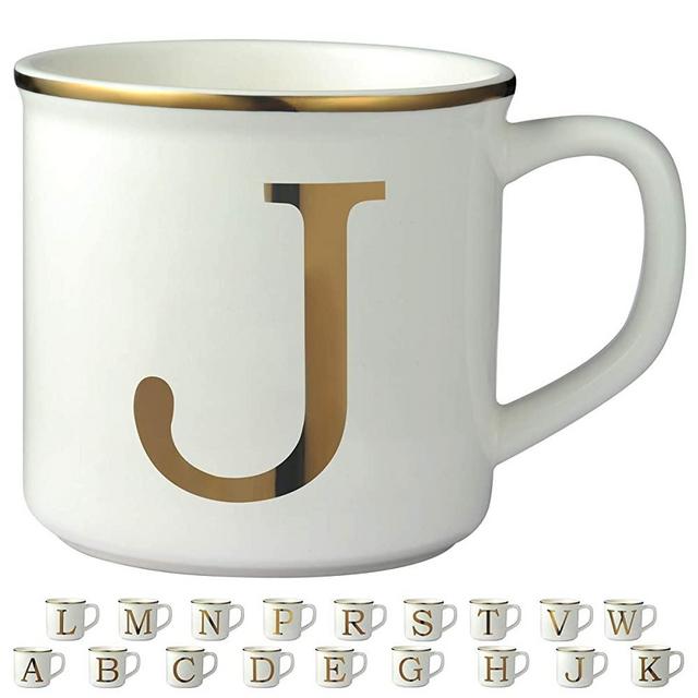 Miicol Gold Initials 16 oz Large Monogram Ceramic Coffee Mug Tea Cup for Office and Home Use, Cute Personalized Mug Gift for Family Friends Women and Man- Letter J