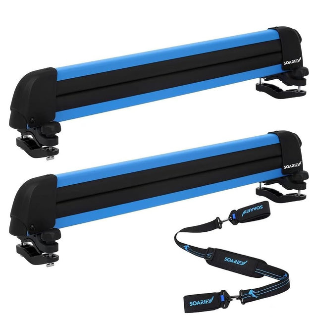 SOARIFY Multi-Purpose Alumium Blue Ski Rack with ski Strap Carrier, Roof Holder Carrier for Skis, Snowboards, Fishing Rods, Paddles, Skateboards, Wakeboard, Universal Mounting, Locking, Heavy Duty