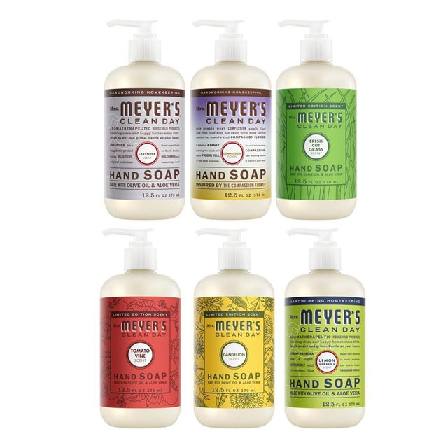 Mrs. MEYER'S CLEAN DAY Liquid Hand Soap 6 Pack Variety, Tomato Vine, Dandelion, Fresh Cut Grass, Lemon Verbena, Lavender, Compassion Flower, 12.5 OZ Each, 1 CT