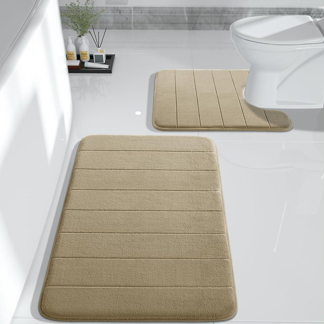 Yimobra Memory Foam Bath Mat Set 2 Piece - Super Soft Absorbent Quick Dry Bathroom Toilet Rugs, Machine Washable Non Slip Floor Carpet for Tub Shower & Single Sink (31.5x20 & 24x20, Pale Khaki)