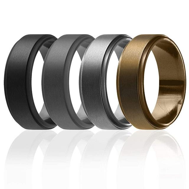 ROQ Silicone Wedding Ring for Men, 4 Packs & Singles Silicone Rubber Wedding Bands - Step Edge Sleek Design - Metallic, Black and Camo Colors