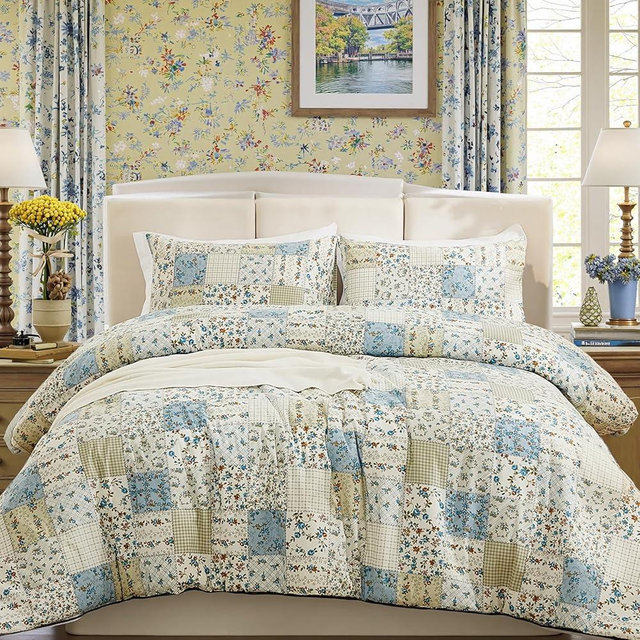 Cozaline Blue Floral Duvet Cover Set King Size 100% Cotton Botanical Patchwork Vintage Bedding Quilt Cover All Season 3 Pieces Soft Lightweight Comforter Cover
