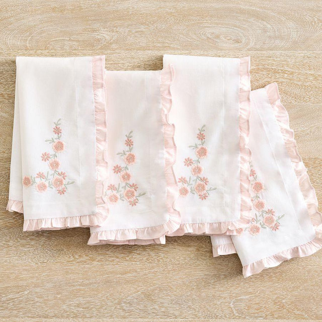 LoveShackFancy Floral Embroidered Lace Napkins, Set of 4 - Pink