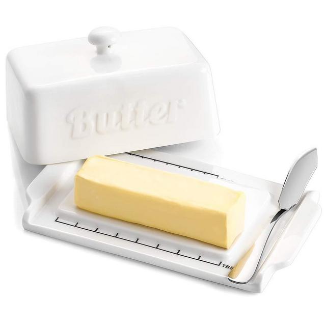 DOWAN Porcelain Butter Dish with Lid, Butter Container with Steel Knife, Large Butter Dish, White
