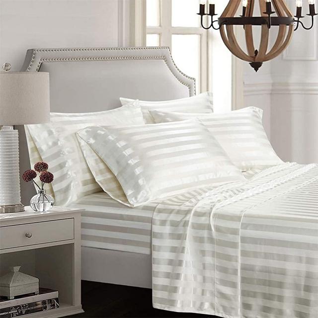 AiMay 6 Piece Bed Sheet Set Deep Pocket Luxury Rich Silk Satin Silky Super Soft Solid Color Stripes Hypoallergenic Reversible Stain-Resistant Wrinkle Free (Queen, White)