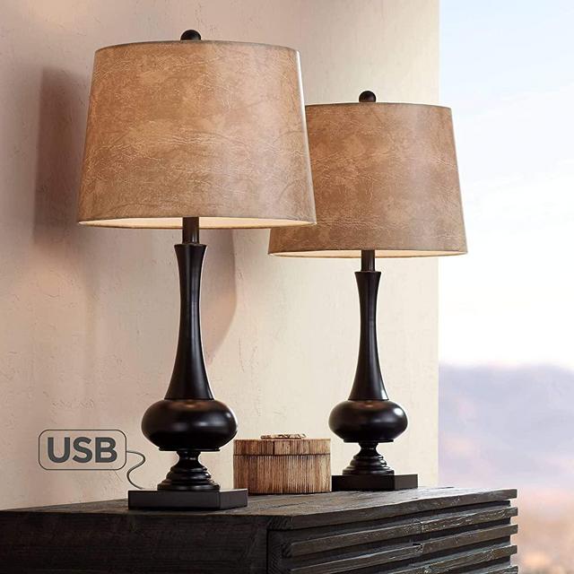 Ross Modern Rustic Table Lamps Set of 2 with USB Charging Port Bronze Brown Metal Faux Leather Drum Shade for Living Room Bedroom House Bedside Nightstand Home Office Family - Franklin Iron Works