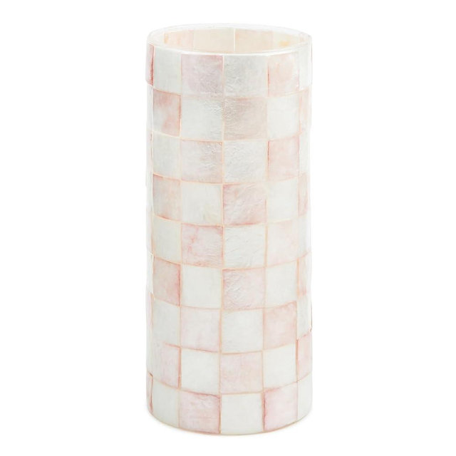 MACKENZIE-CHILDS Capiz Small Vase, Unique Flower-Vase Decor, Pink-and-White Rosy Check