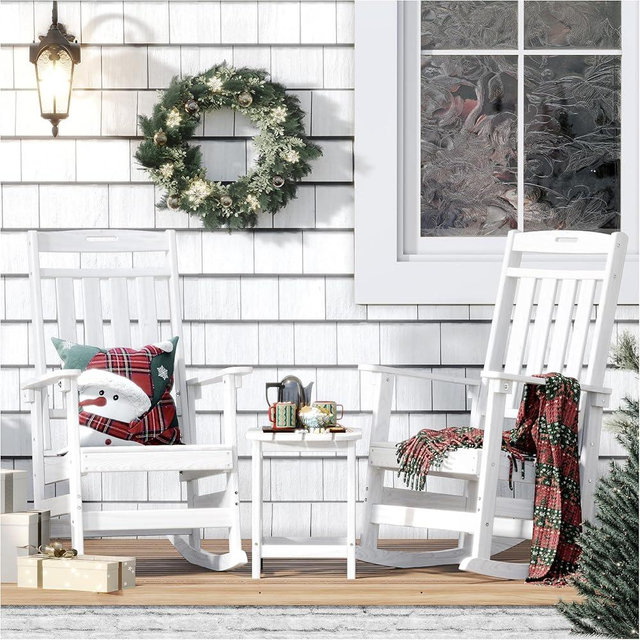 Outdoor Rocking Chair Oversized of 2 & Side Table Set, HDPE All Weather Resistant Patio Rocker, 31.5" High Back 21.5" Deep Seat Porch Chairs Set for Lawn Garden Deck Balcony 400lbs Capacity(White)