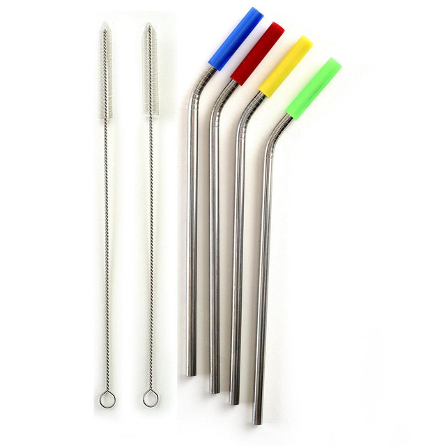 Norpro 8-Inch Stainless Steel Silicone Tipped Drinking Straws with 2 Cleaning Brushes, Set of 4