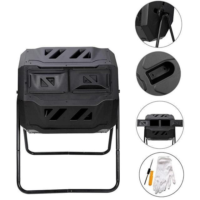 F2C 43 Gallon Dual Chamber Large Composting Tumbler Outdoor Garden Yard Compost Bin w/Sliding Door & Solid Steel Frame, Black 360° Rotating