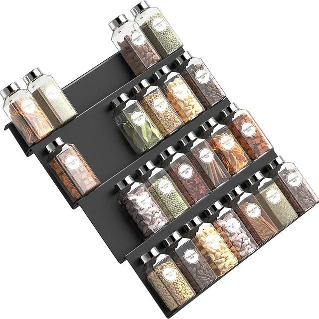 Grarry Acrylic Spice Rack Tray Insert 4 Tier Spice Drawer Organizer for Kitchen Cabinets, Large - 4 Slanted Tiers ​for Garlic, Salt, Pepper Spice Jars, Seasonings, Vitamins, Supplements 1 Pack Black