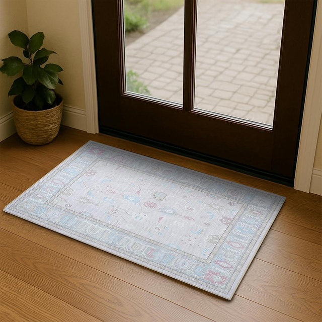 Fame Living Pink Oushak Rug, Modern Small Rugs, Vintage, Turkish, Eclectic, Floral, Pastel, Washable, Door Mat, Doormat for Indoor Entrance, Entryway, Kitchen, Bathroom, Bedroom, Laundry, 2'x3'