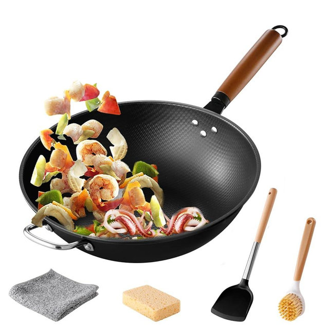 Wok pan 13 Inch carbon steel woks & stir-fry pans nonstick,Pre-seasoned Chinese Wok Including Silicone Spatula and Cleaning Tools Compatible with All Cooktops
