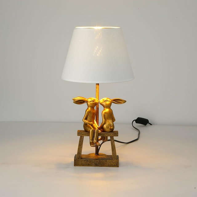 LAZHUG Kissing Bunny Lamp,H16ins Resin Gold Rabbit Table Lamp,Bedroom Bunny Night Light, Energy Efficient Nightstand Lamp,as Present for Belover (Small White Shade)