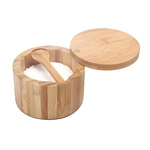 KITCHENDAO Bamboo Salt and Pepper Box 6oz - No Chemical Smell - Built-in Serving Spoon to Prevent Lost - Swivel Lid with Magnet to Keep Dry, Dust-Free
