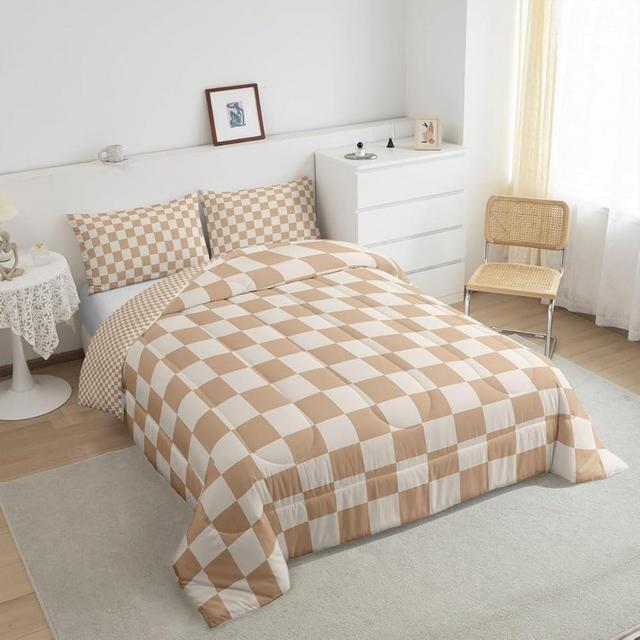 Manfei Coffee Grid Comforter Set Full Size, Reversible Geometric Plaid Square Bedding Set 3pcs, Kids Boys Girls Teens Room Decor, Soft Lattice Checkerd Down Comforter for All Season, 2 Pillowcases