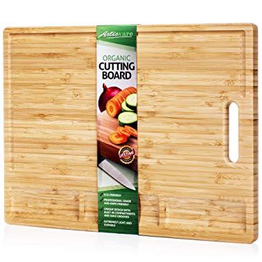 Extra Large Organic Bamboo Cutting Board for Kitchen, Includes 3 Built-in Compartments with Juice Grooves on Front and Back, Best as a Butcher Block or Chopping Board for Meat Bread Cheese Vegtables