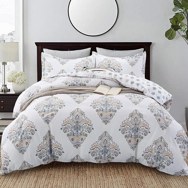 JUCFHY Duvet Cover Queen Size Hotel Collections Super Soft Egyptian Cotton 3 Piece Modern Bedding Medallion Damask Duvet Cover Set-1000-Thread-Count Bedding Set 1 Duvet Cover and 2 Pillow Shams