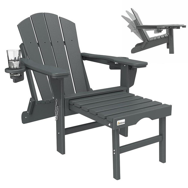 Mdeam Adjustable Backrest Adirondack Chair Folding Patio Lawn Outdoor Fire Pit Chairs Adirondack Chairs Weather Resistant with 2 Cup Holder/Adirondack Retractable Ottoman(Grey)