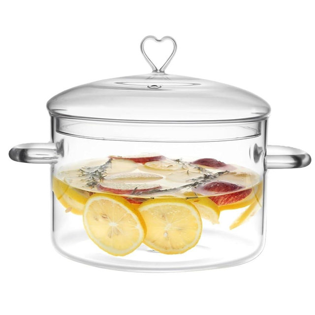 4 L Glass Cooking Pot with Lid, Glass Simmer Pot, Save Energy, Heat Resistant, for Water-based Recipes. Heart Shape Lid, Clear, 4.2QT(4000ml)