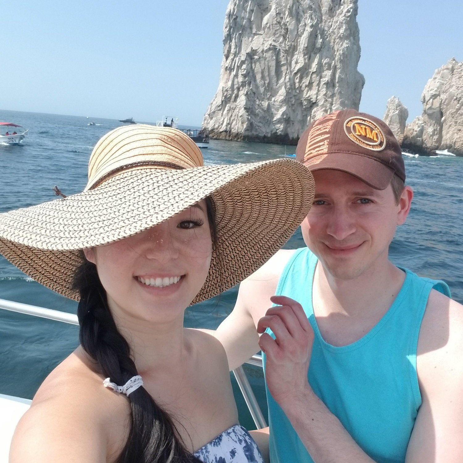 Our first international trip together! My hat took up most of the space in our photo.