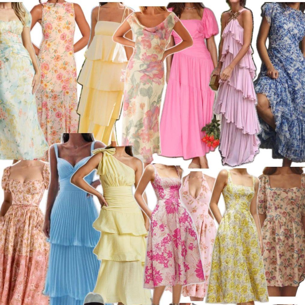 Florals, solid colors, mid length, or floor length are great options! No white! :)
