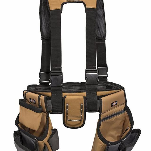 Dickies 4-Piece Carpenter's Rig, Padded Tool Belt Suspenders, Cooling Mesh, Leather Tool Belt, Steel Buckle, Grey/Tan, 3.8 lb.