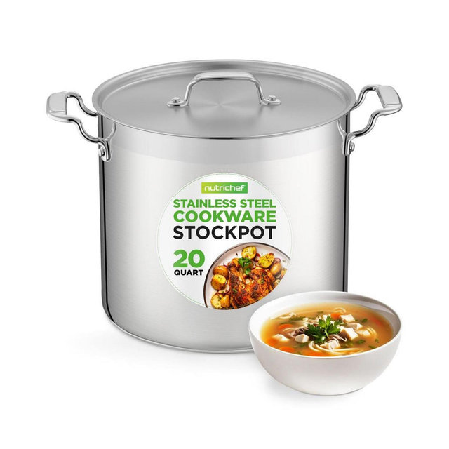 NutriChef Stainless Steel Cookware Stockpot - 20 Quart, Heavy Duty Induction Pot, Soup Pot With Stainless Steel Lid