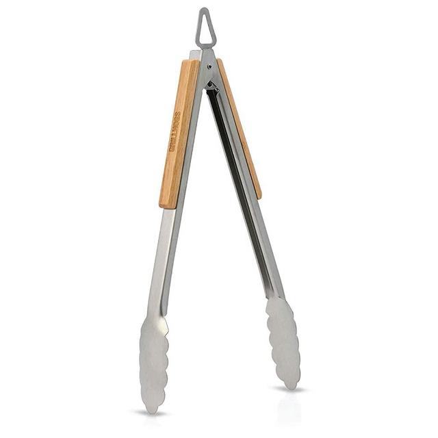 GRILLHOGS Barbecue Grill Tongs, 12 Inch, Best Metal Kitchen Tongs for Cooking and Grill Accessories, Stainless Steel + Oak Wood BBQ Tongs
