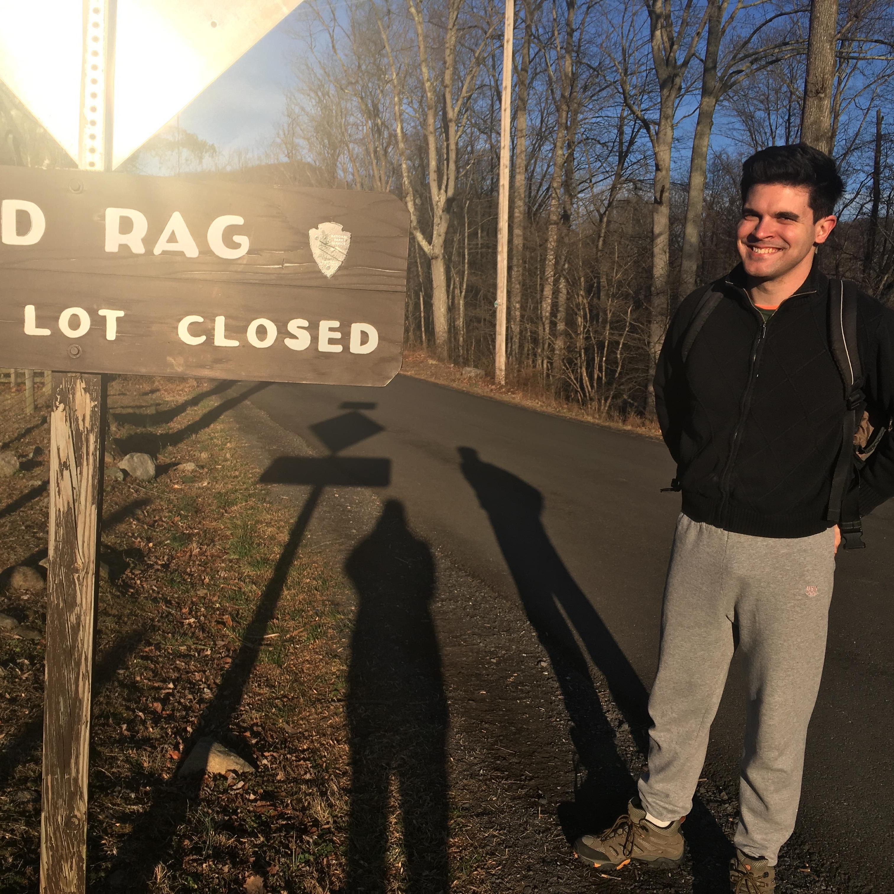 Getting psyched to climb Old Rag. I didn't know yet he was hiding a ring in his pocket!