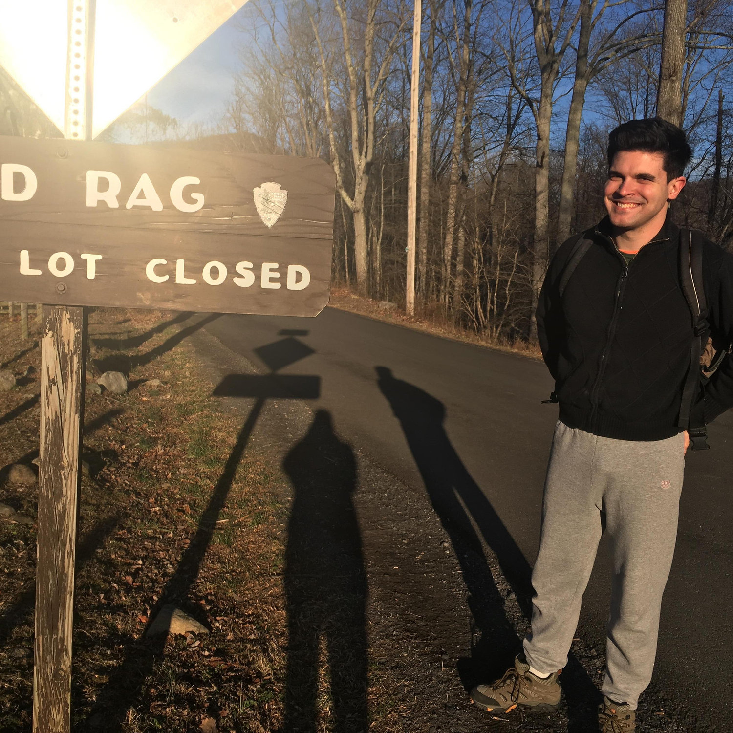 Getting psyched to climb Old Rag. I didn't know yet he was hiding a ring in his pocket!