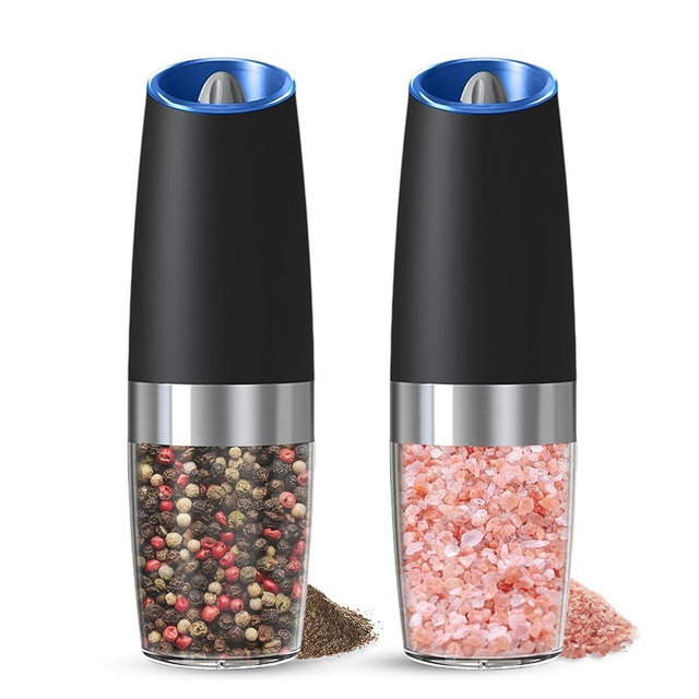 UNNEES Gravity Electric Salt and Pepper Grinder set of 2, Automatic Salt And Pepper Grinder Set, Adjustable Roughness, Battery Powered, LED Light, 2 Pack Set, (Black)