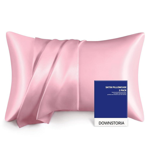 DOWNSTORIA Satin Pillowcase for Hair and Skin Similar to Silk Pillow Cases 2 Pack, Silky Pillow Cover with Envelope Closure Set of 2, Gifts for Women Men(20x30 Inches, Pink)