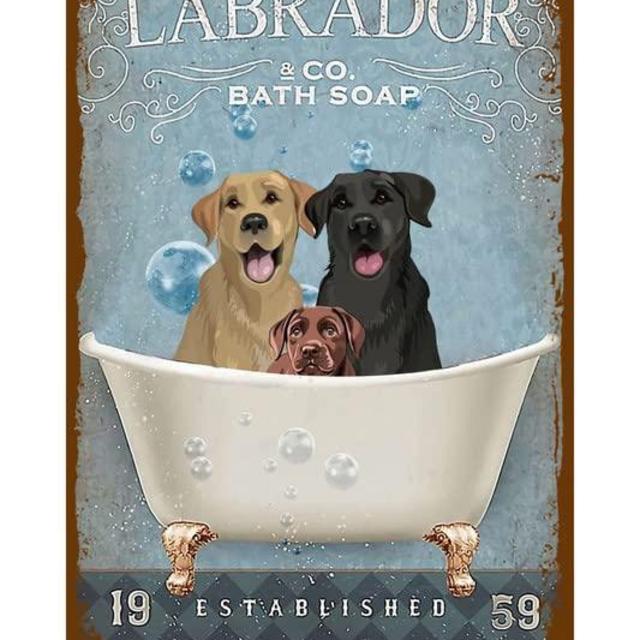 Bathtub Dog Vintage Metal Tin Sign, Labrador Retriever Bathing Soap Foam Poster Retro Toilet Cave Bar House Bathroom Wall Decor Sign Room Adornment 8X12 Inches