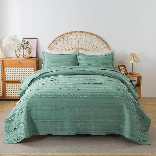 HoneiLife Queen Quilt Bedding Set - Lightweight Bedspreads 3-Piece Washed Microfiber Quilt Sets Ultra Soft Coverlets Shabby Chic Bed Cover Ruffled Bedding Set All Season Quilts-Green