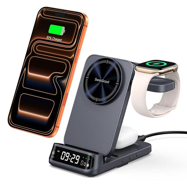 Wireless Charger Stand Compatible with MagSafe, SwanScout 708M, Foldable 3 in 1 Magnetic Wireless Charging Station for iPhone Air/17/16/15 Series, Travel Charger for Apple Watch, AirPods (No Adapter)