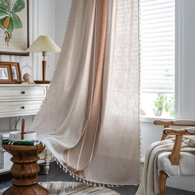 Sutuo Home Boho Curtains 63 inch for Nursery Room, Semi Blackout Linen Farmhouse Classic Shabby Chic Tassels Window Treatment Bohemian Embroidery Drape, Rod Pocket 1 Panel 52" W x 63" L, Coffee Linen