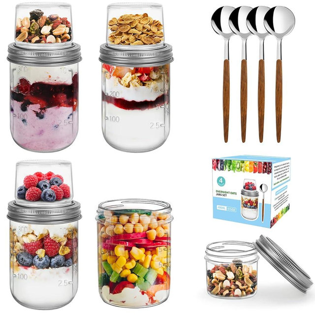 4 Pack Overnight Oats Containers with Lids and Spoons, Dual-Layer Chia Pudding Jars with Dry/Wet Separation,Yogurt Parfait Cups, 16 oz Glass Mason Salad Jars with Lids for Breakfast Oatmeal Cereal