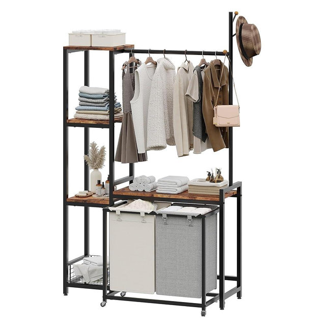 Yifeel Laundry Basket, 2 Section Laundry Hamper With Shelf, Clothes Rack with Laundry Sorter, 2 x 12.4 Gal Removable Bags on Wheels, Black and Brown JLH004SR