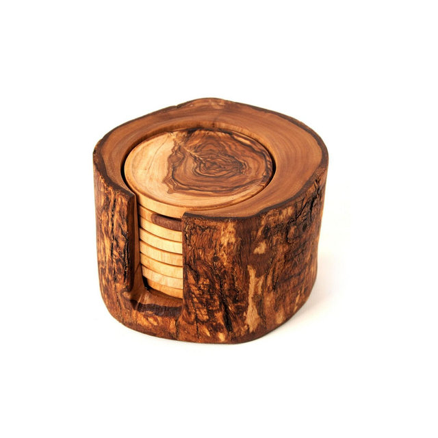 BeldiNest Olive Wood Rustic Coaster Set of 8 with Holder